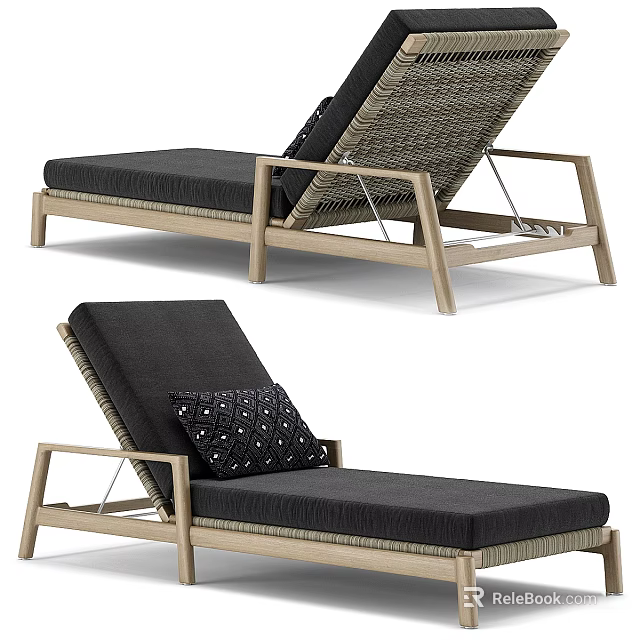 Modern Outdoor Lounge Chair With Wooden Frame Woven Backrest Dark Cushion And Patterned Pillow 3d model 
