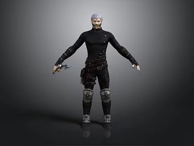 3D Character Model With White Hair Black Tight Outfit Knee Pads And Dagger 3d model
