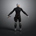 3D Character Model With White Hair Black Tight Outfit Knee Pads And Dagger