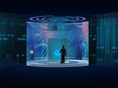 Futuristic Tech Space With Person Standing By Data Screens DNA Structure And Blue Light Ring 3d model