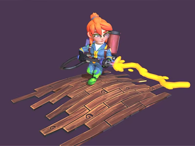 Animated Character With Red Hair Wearing Blue Yellow Outfit Spraying Yellow Liquid On Wooden Planks 3d model