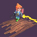 Animated Character With Red Hair Wearing Blue Yellow Outfit Spraying Yellow Liquid On Wooden Planks