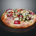 Golden Crust Pizza Topped With Cherry Tomatoes Olives And Fresh Basil