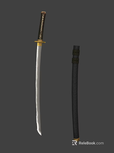 Japanese Katana Weapon With Golden Handle Metal Blade And Black Sheath 3d model 