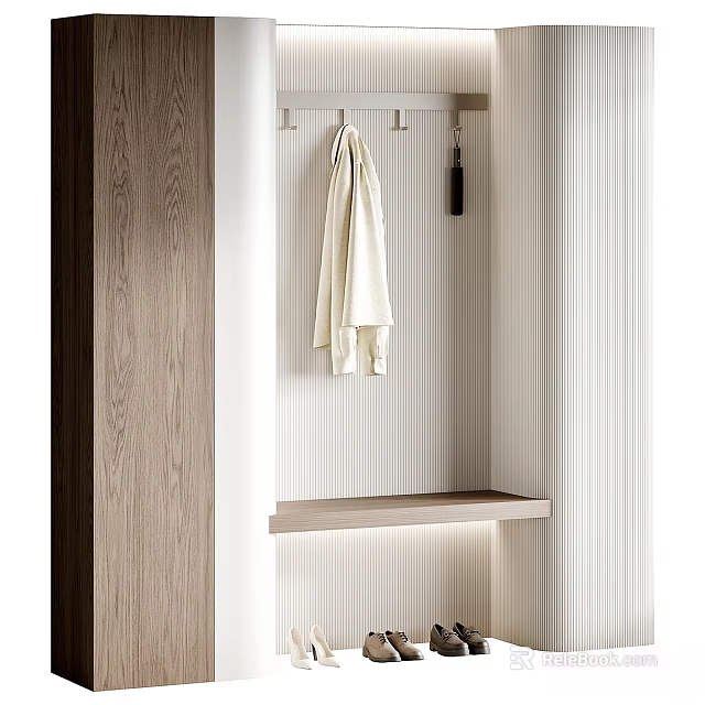 Entryway Hallway With Wooden Accent Coat Hooks Hanging Beige Coat And Vertical Striped Wall Paneling 3d model 