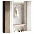 Entryway Hallway With Wooden Accent Coat Hooks Hanging Beige Coat And Vertical Striped Wall Paneling
