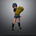 Anime Style Character With Blue Short Hair Black Top Denim Shorts And Yellow Mechanical Glove
