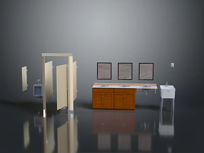 Modern Public Washroom Facilities With Stalls Mirrors And Wooden Cabinets 3d model