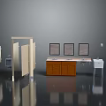 Modern Public Washroom Facilities With Stalls Mirrors And Wooden Cabinets