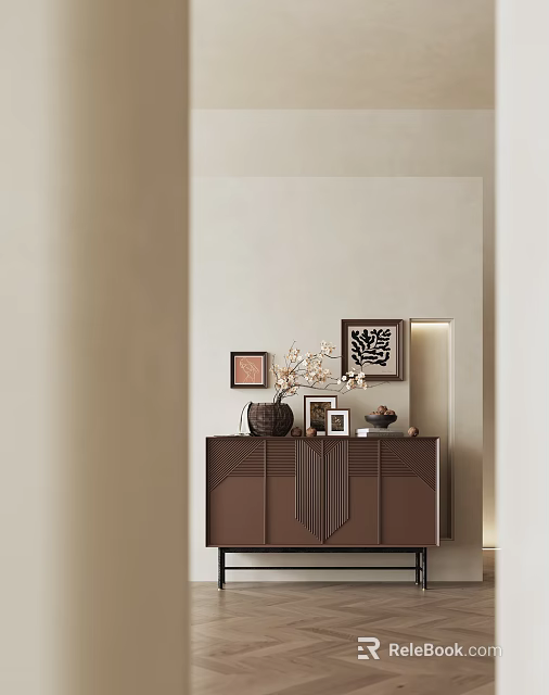Elegant Modern Entryway Cabinet And Side Cabinet With Decorative Vase Photo Frames And Branches 3d model 