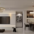 Modern Dining and Living Room Interior With Chandelier Sofa And Artwork