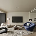 Modern Living And Dining Room With Curved Sofa Patterned Rug TV Wall And Floor Lamp