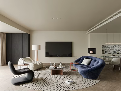 Modern Living And Dining Room With Curved Sofa Patterned Rug TV Wall And Floor Lamp 3d model
