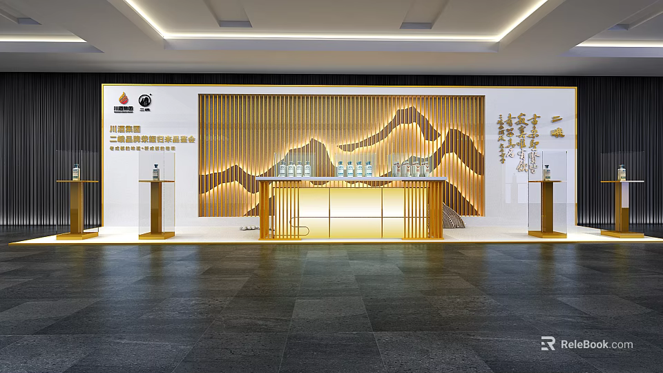 Modern Exhibition Hall Display Shelves with Chinese Landscape Wall and Wine Bottles 3d model 