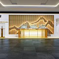 Modern Exhibition Hall Display Shelves with Chinese Landscape Wall and Wine Bottles