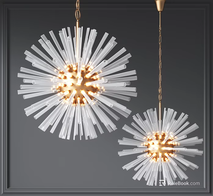 Modern Radiant Star Shaped Chandeliers With Transparent Elongated Elements Golden Center Illuminated Dark Wall Background 3d model 