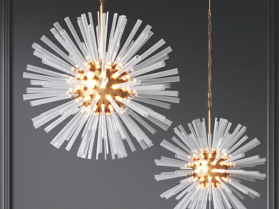 Modern Radiant Star Shaped Chandeliers With Transparent Elongated Elements Golden Center Illuminated Dark Wall Background 3d model
