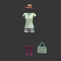 Stylish Women's Outfit With White T Shirt Blue Denim Shorts Brown Boots Hat And Handbag
