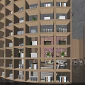 Elegant Hotel Lobby Interior With Arched Design Pink Cherry Blossom Tree And Bookshelf Walls