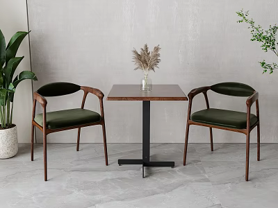 Minimalist Wooden Table And Chair Set With Green Upholstered Seats Black Metal Base And Plants 3d model