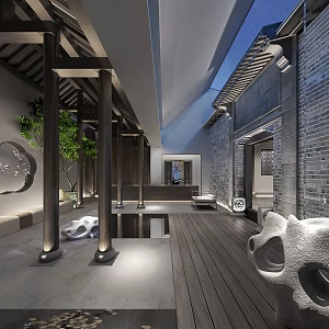 New Chinese Zen Homestay Hall Hotel Landscape Waterscape Courtyard Landscape New Chinese Architecture 3d model