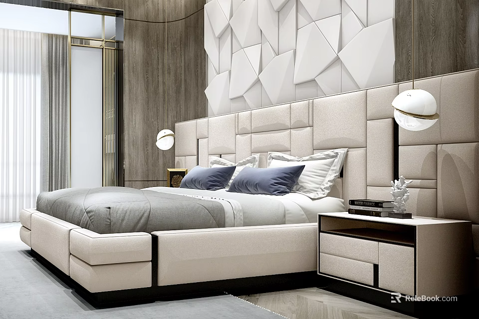 Modern Double Bed with Upholstered Headboard Geometric Pattern Wall and Nightstand Table Lamp 3d model 