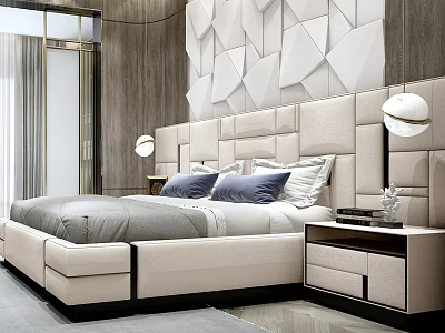Modern Double Bed with Upholstered Headboard Geometric Pattern Wall and Nightstand Table Lamp 3d model