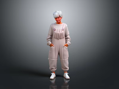 Elderly Person With White Hair Standing In Light Gray Jumpsuit Hands In Pockets White Shoes 3d model