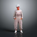 Elderly Person With White Hair Standing In Light Gray Jumpsuit Hands In Pockets White Shoes