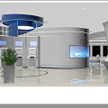Modern Bank Lobby Interior With Round Blue Sofas Digital Screens And Marble Flooring