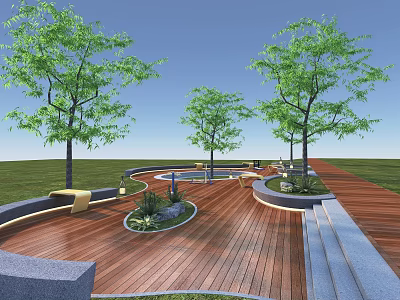 Scenic Park Landscape With Wooden Walkway Green Trees Benches And Circular Flower Beds 3d model
