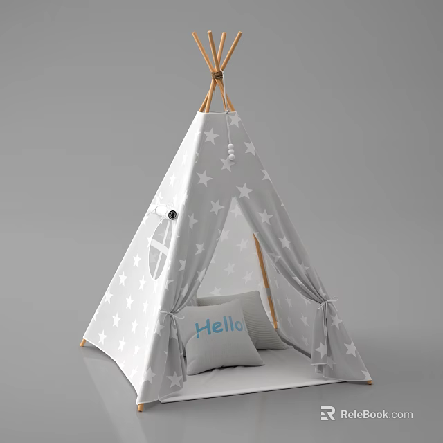 Teepee Tent For Kids With Wooden Poles White Star Patterns And Hello Pillow 3d model 