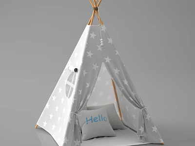 Teepee Tent For Kids With Wooden Poles White Star Patterns And Hello Pillow 3d model