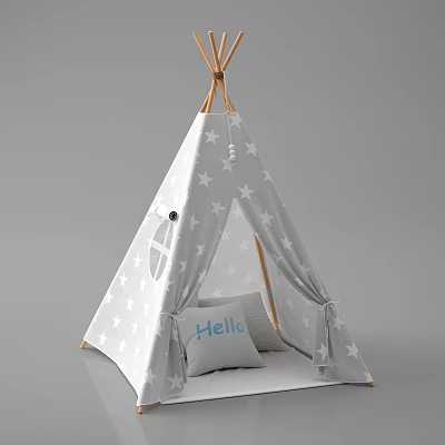 Teepee Tent For Kids With Wooden Poles White Star Patterns And Hello Pillow 3d model
