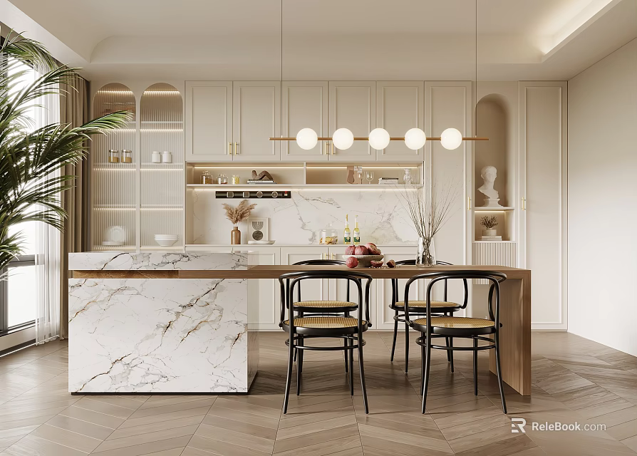 Modern Restaurant Interior Design With Marble Island Countertop White Cabinets Pendant Lights And Black Chairs 3d model 