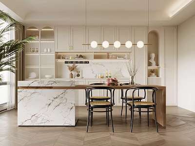 Modern Restaurant Interior Design With Marble Island Countertop White Cabinets Pendant Lights And Black Chairs 3d model