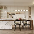 Modern Restaurant Interior Design With Marble Island Countertop White Cabinets Pendant Lights And Black Chairs