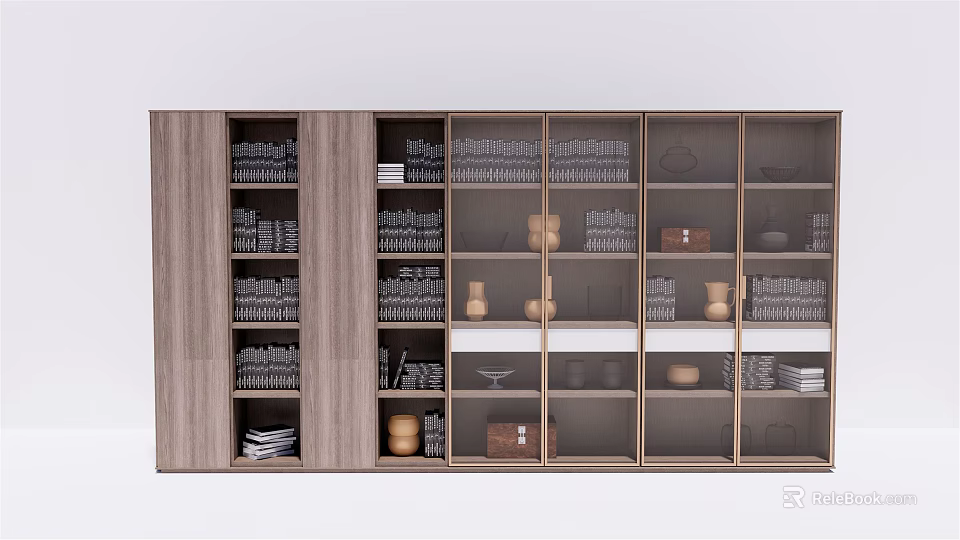 Modern Wooden Bookcase Interior With Shelves Books And Decorative Items 3d model 