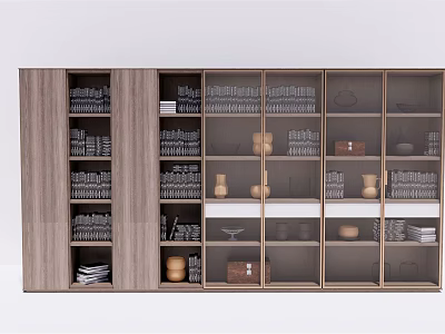 Modern Wooden Bookcase Interior With Shelves Books And Decorative Items 3d model