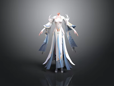 Man in White and Blue Robe with Flowing Sleeves and Ornate Decorations against Dark Background 3d model