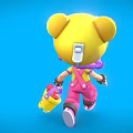 Colorful 3D Cartoon Game Character With Purple Hair Yellow Hat Pink Overalls And Yellow Bucket