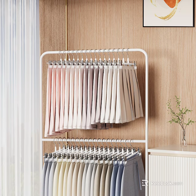 Gradient Long Sleeve Clothes on Double Layered Rack with Gray Pants Wooden Wall White Curtains 3d model 