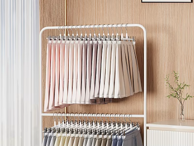 Gradient Long Sleeve Clothes on Double Layered Rack with Gray Pants Wooden Wall White Curtains 3d model
