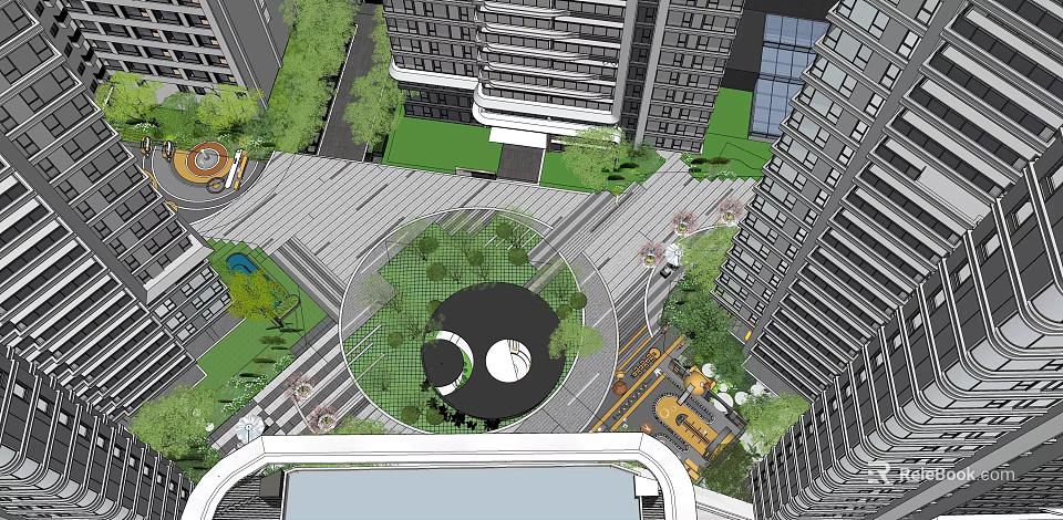 Urban Garden Landscape Design With Circular Green Area Paved Paths And High Rise Buildings 3d model 