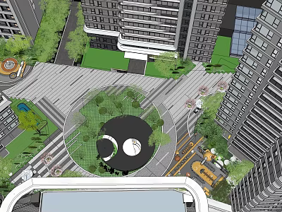 Urban Garden Landscape Design With Circular Green Area Paved Paths And High Rise Buildings 3d model