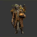 Old Forest Man In Ragged Clothes Carrying Pumpkin Plants And Vegetables