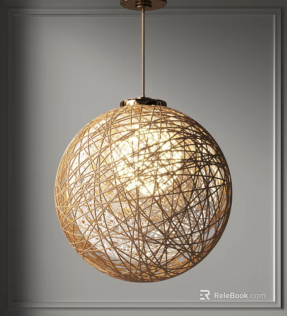 Woven Rattan Spherical Pendant Light Emitting Warm Glow On Gray Backdrop 3d model 