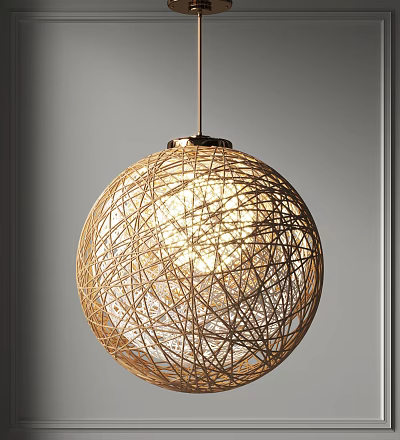Woven Rattan Spherical Pendant Light Emitting Warm Glow On Gray Backdrop 3d model