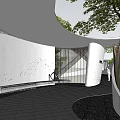 Garden Landscape In Modern Architectural Interior With Circular Skylight Trees And Curved Staircase