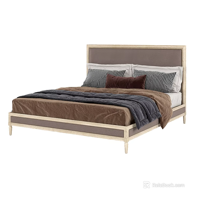 Modern Double Bed with Upholstered Headboard Light Wood Frame and Brown Comforter Striped Pillows 3d model 